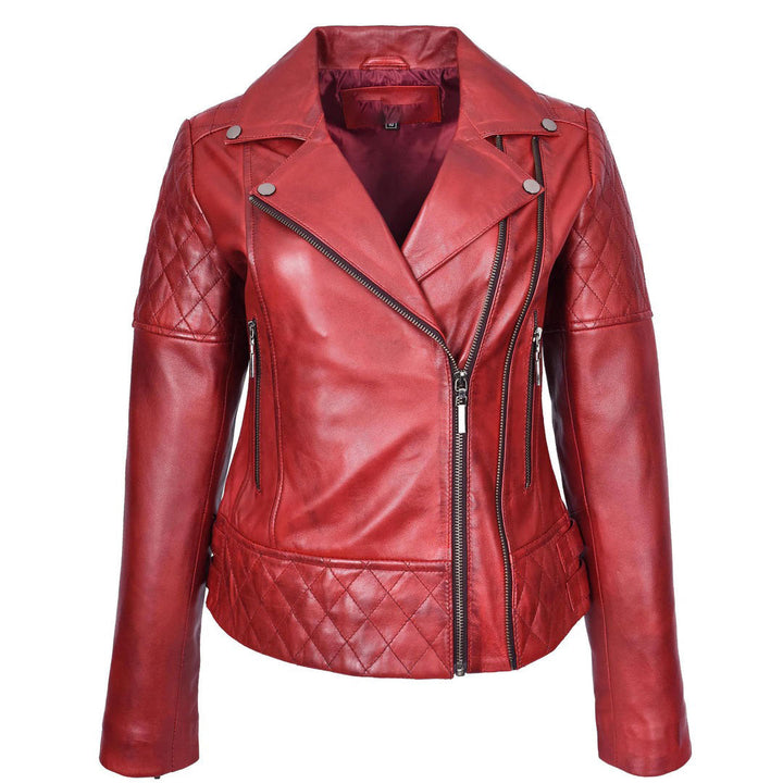 Women's Real Leather Jacket Multi Cross Zip Biker Style Fitted Quilted Nixi Burnish Red