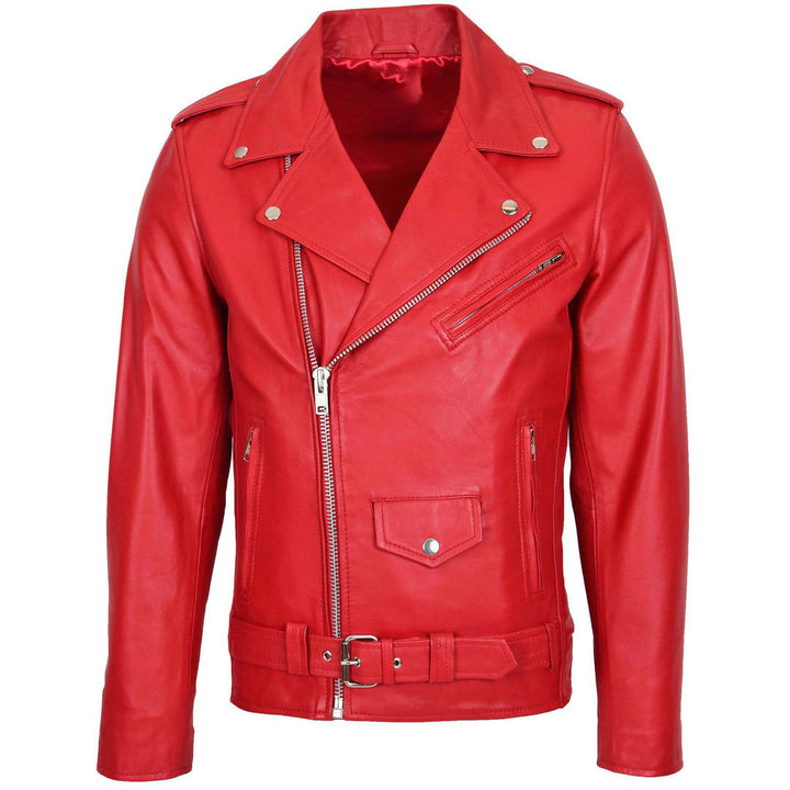 Mens Leather Biker Jacket Brando Style Johnny Red