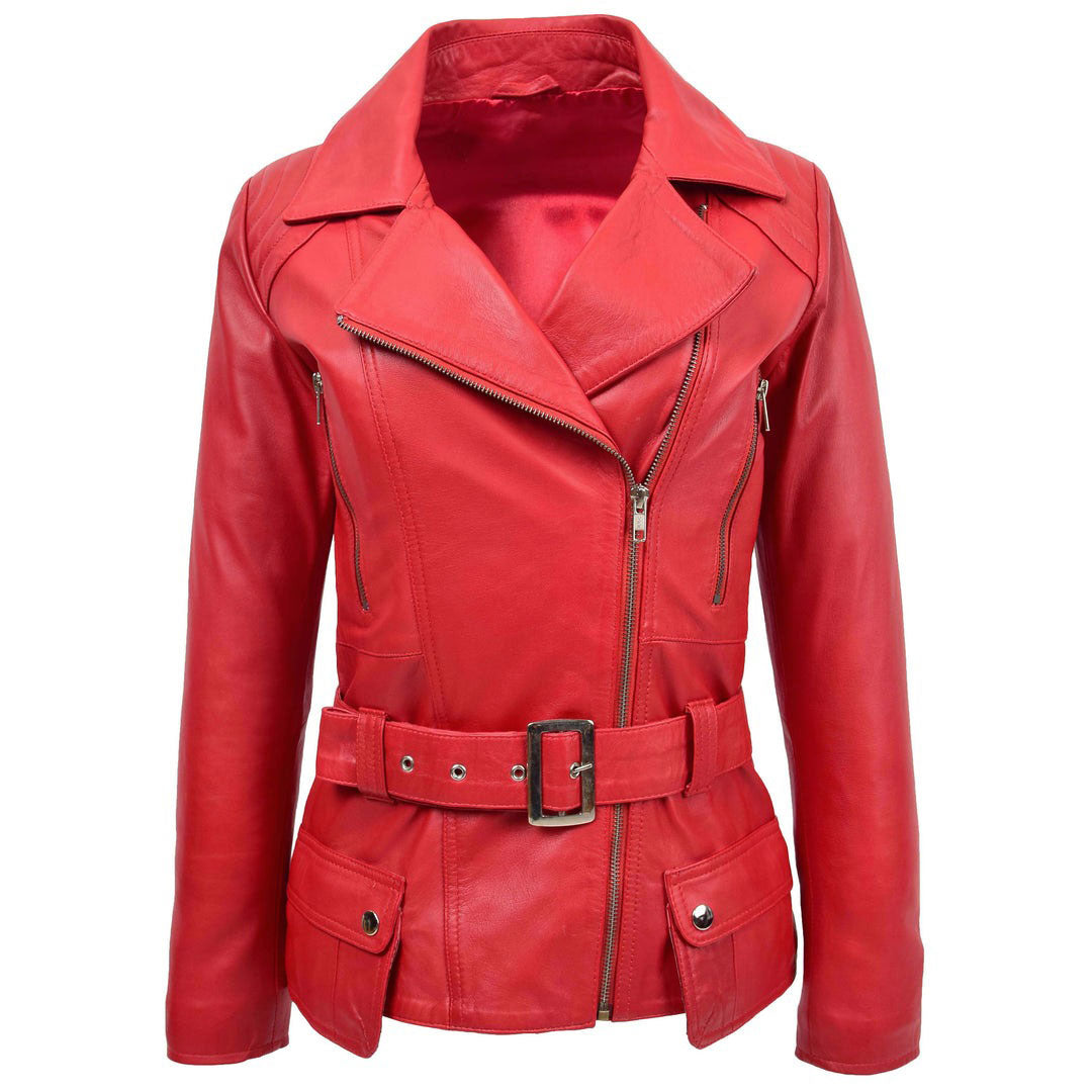 Womens Leather Hip Length Biker Jacket Celia Red