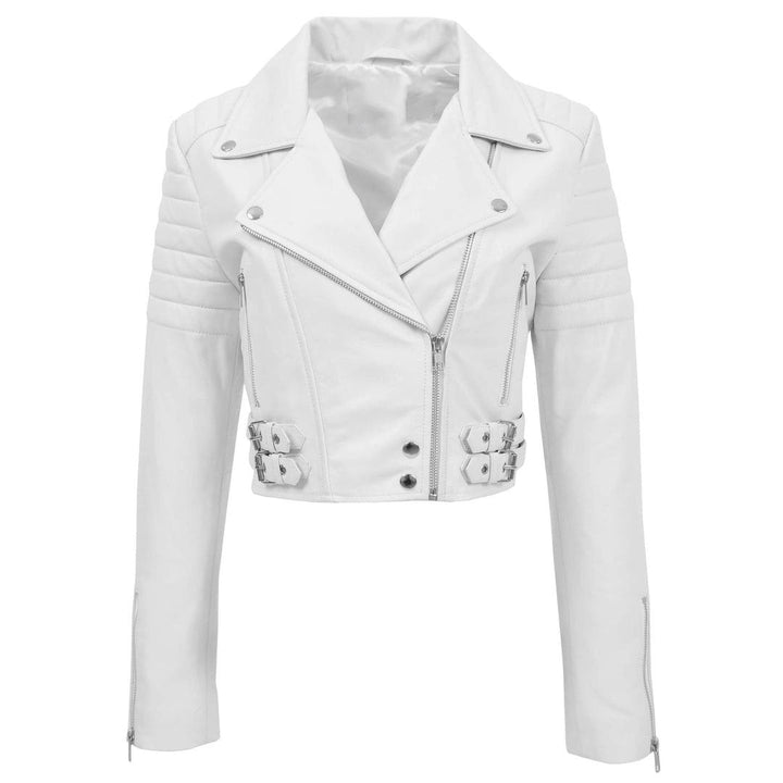 Womens Leather Cropped Biker Style Jacket Demi White