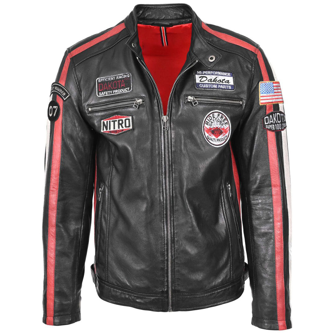 Mens Leather Biker Jacket Motorsport Logos Bobby Black