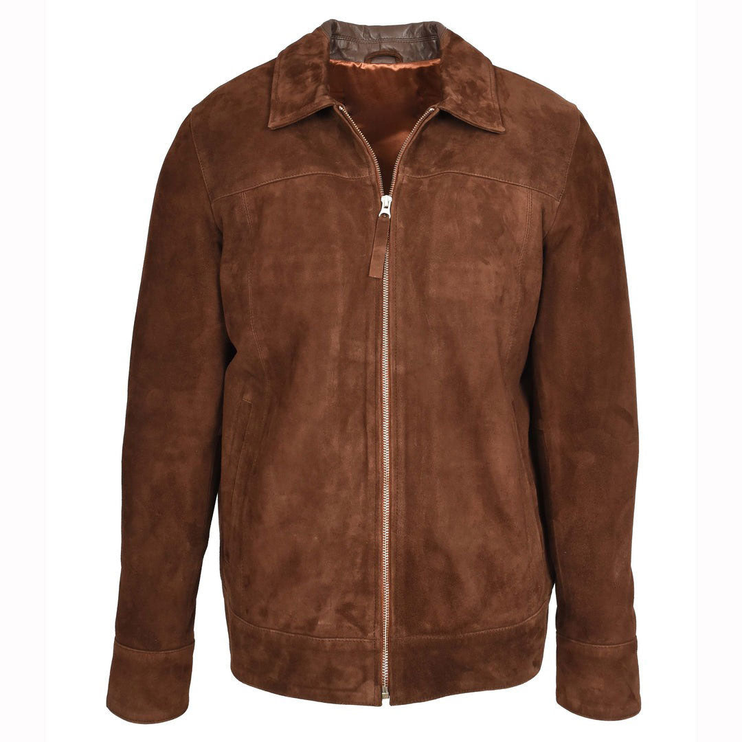 Mens Real Goat Suede Jacket Classic Zip Box Style Larry Rust Brown