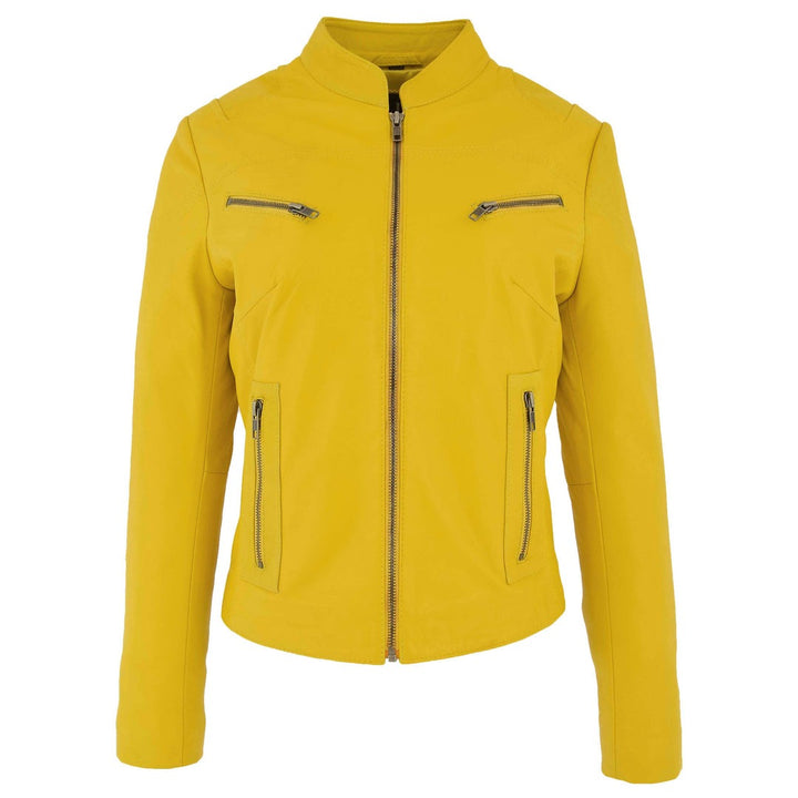 woman jackets 28\Womens Leather Standing Collar Jacket Becky Yellow