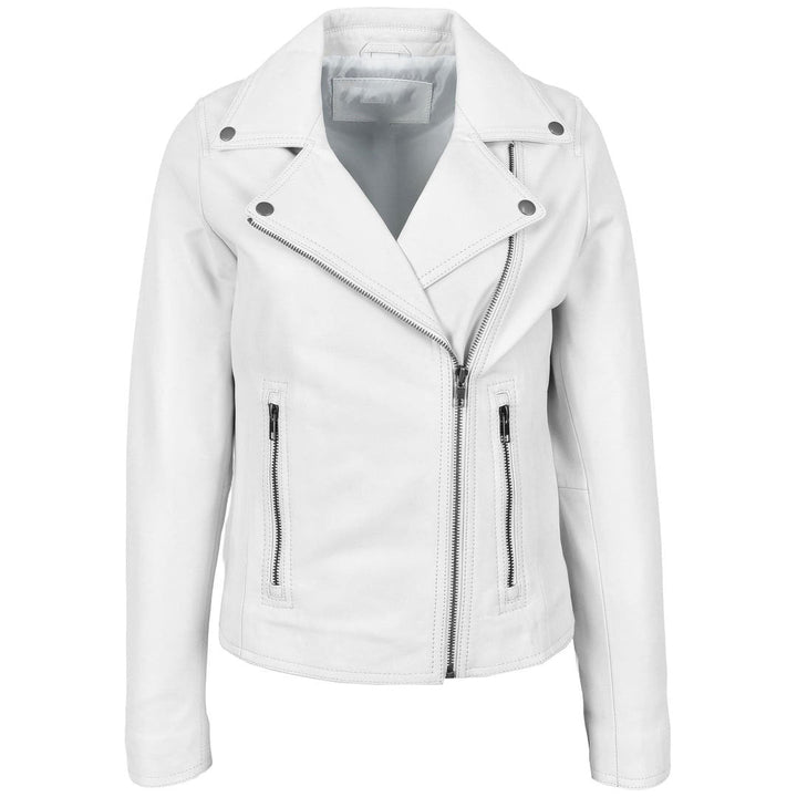 Womens Soft Leather Cross Zip Biker Jacket Lola White
