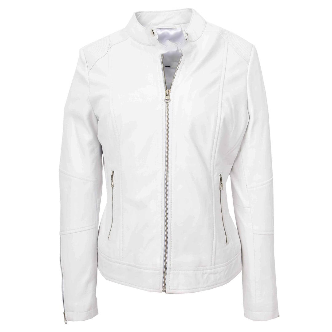 Womens Real Leather Biker Jacket Zip up Casual Connie White