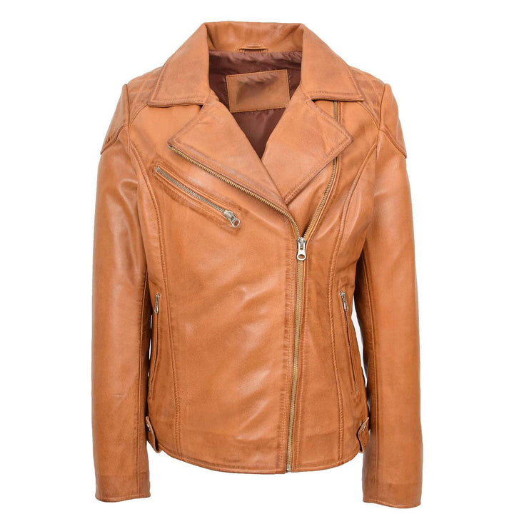 Womens Real Leather Biker Jacket Cross Zip Pockets Cherry Tan