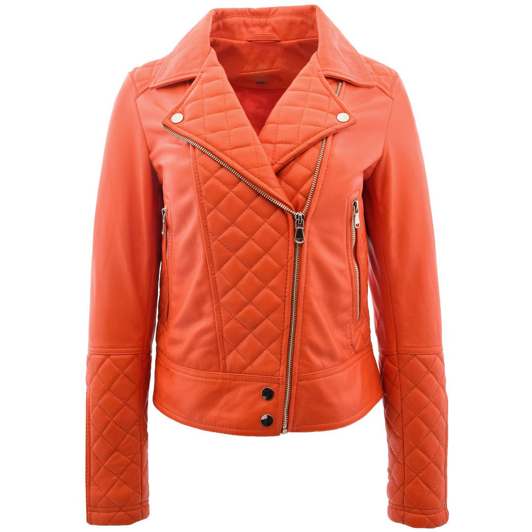 Womens Leather Biker Jacket with Quilt Detail Ziva Orange