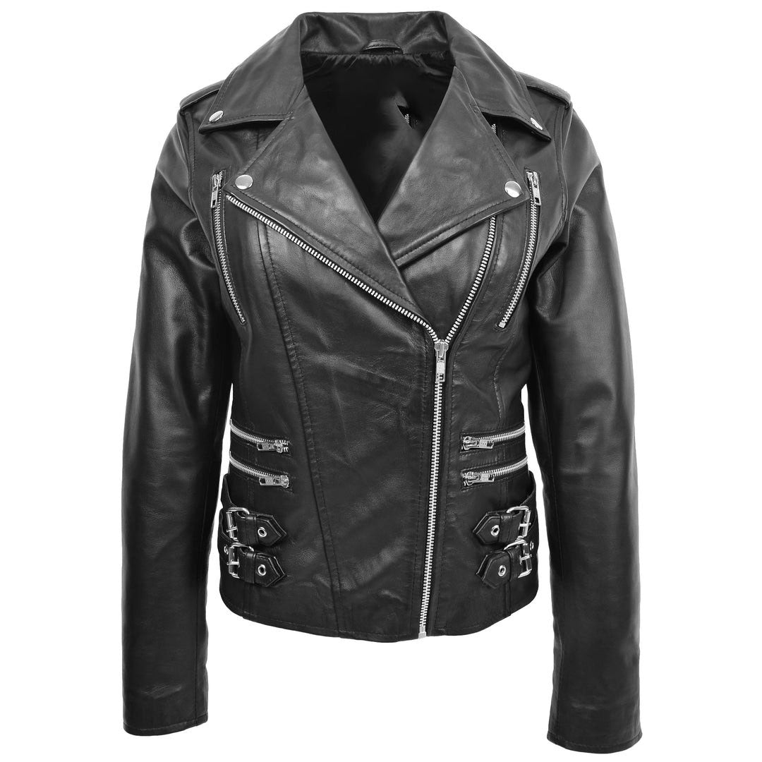 Womens Cross Zip Biker Leather Jacket Cara Black