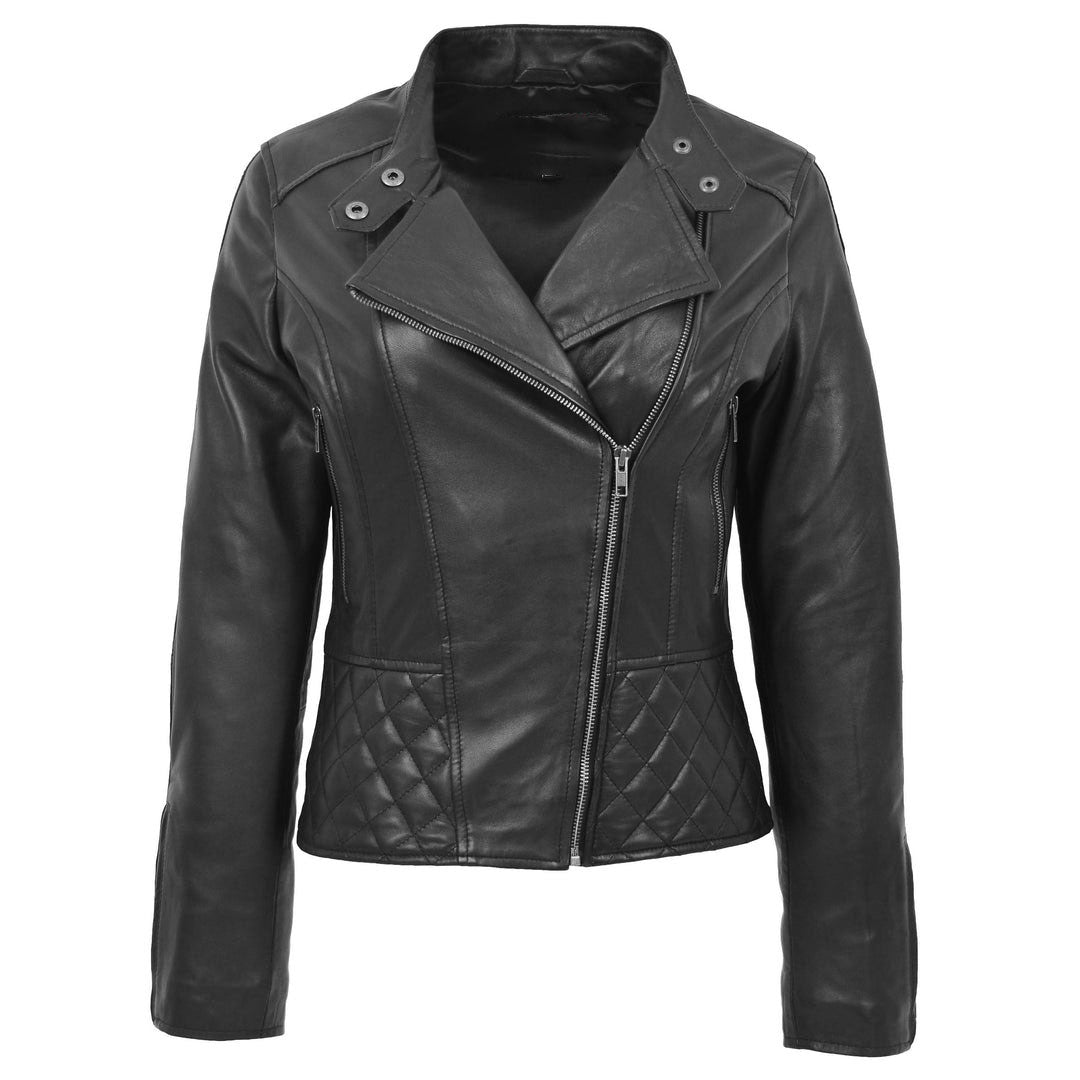 Womens Leather Stand-Up Collar Biker Jacket Laura Black