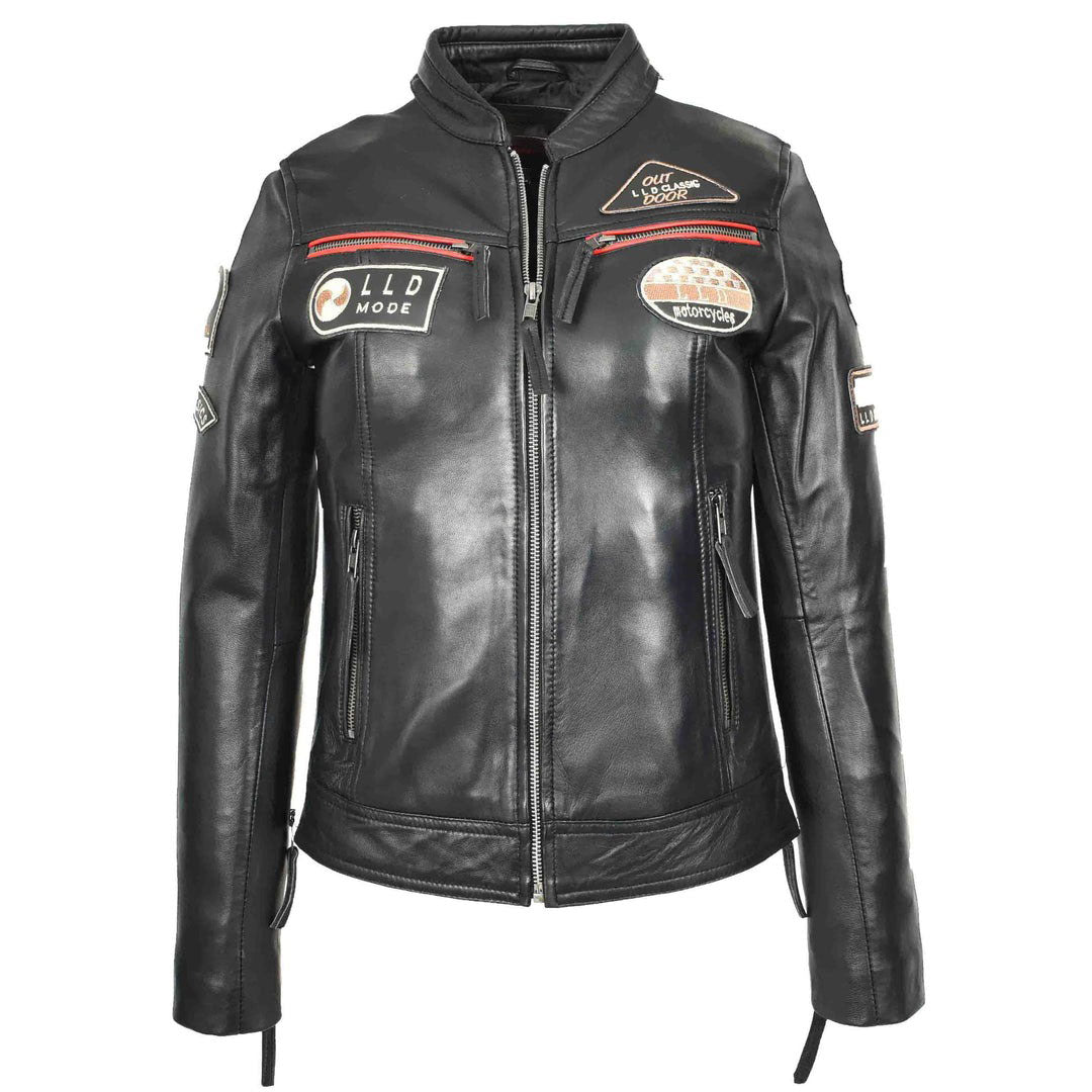 ladies Leather Cafe Racer Biker Jacket Motorcycle Badges Rosa Black