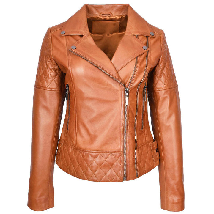 Women's Real Leather Jacket Multi Cross Zip Biker Style Fitted Quilted Nixi Tan