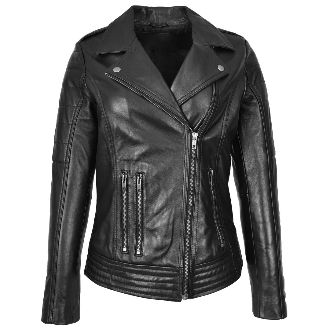 Womens Real Leather Biker Cross Zip Fashion Jacket Remi Black
