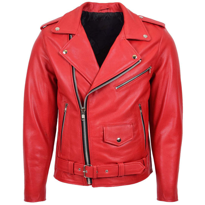 Mens Heavy Duty Leather Biker Brando Jacket Kyle Red