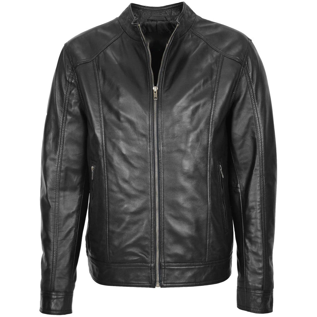 Mens Soft Leather Casual Plain Zip Jacket Matt Black