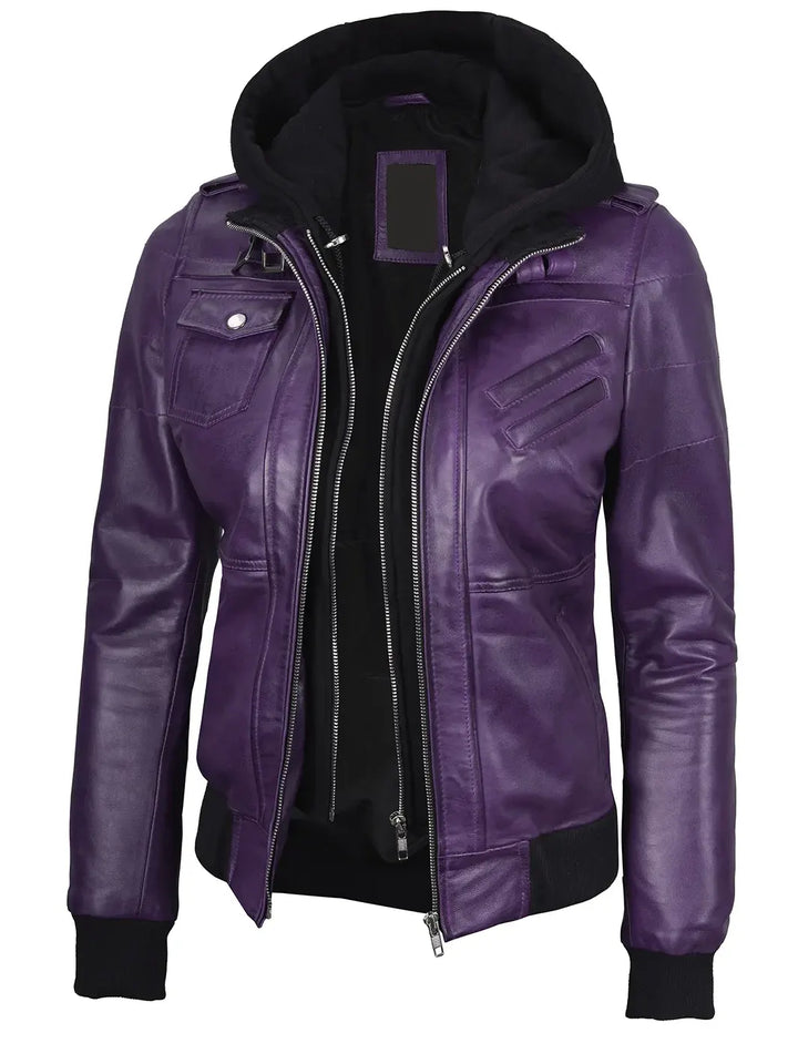 Women's Purple Real Leather Jacket with Removable Hood