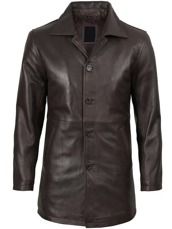 Winchester Men's Distressed Dark Brown Leather Car Coat