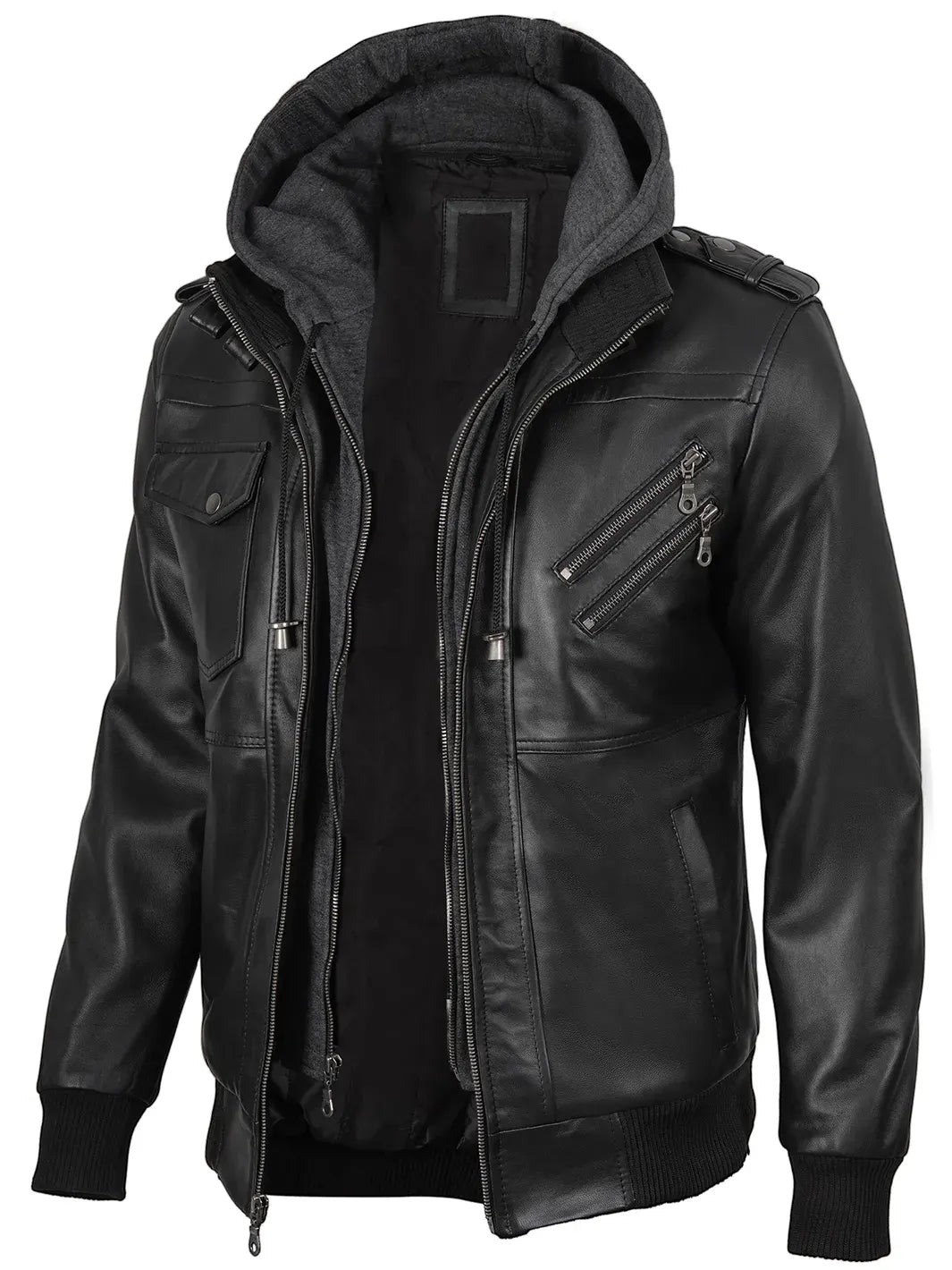Men's Black Bomber Leather Jacket with Removable Hood