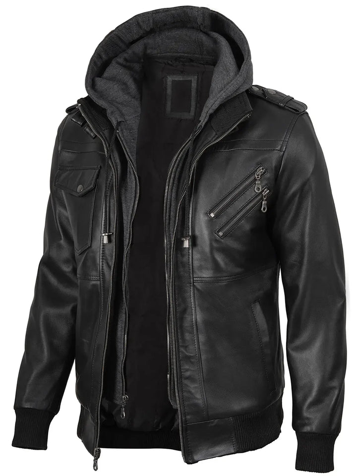 Men's Black Bomber Leather Jacket with Removable Hood