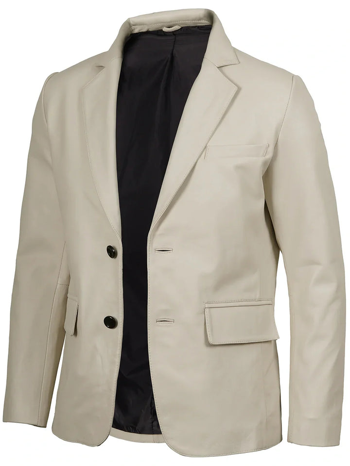 Mens Two Buttons Off White Leather Blazer
