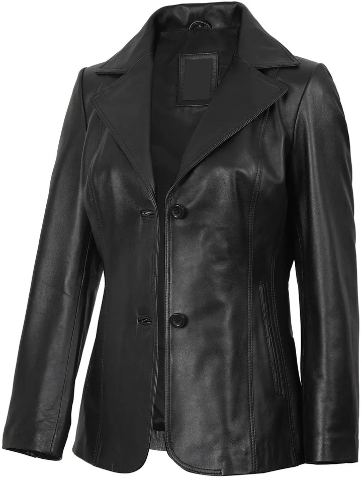 Women's Black Two Button Leather Blazer Jacket