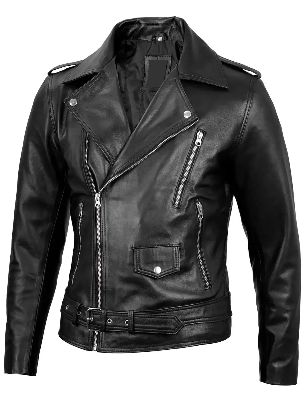 Men's Black Asymmetrical Belted Leather Biker Style Jacket