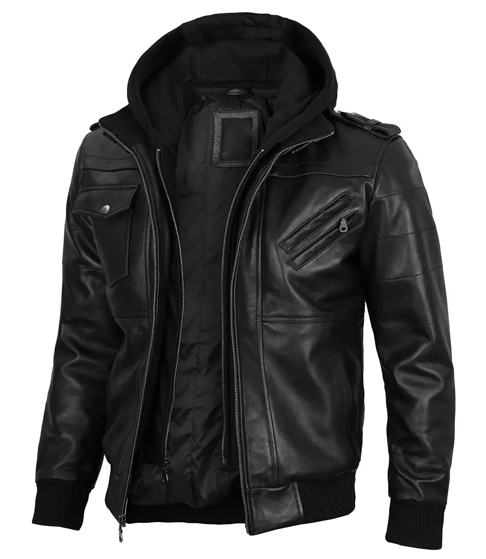 Edinburgh Mens Black Bomber Leather Jacket With Removable Hood
