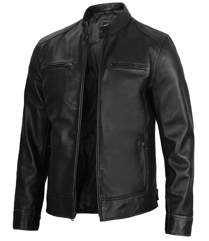 Dodge Men's Black Cafe Racer Leather Jacket