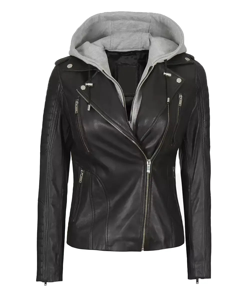 Womens Black Leather Biker Jacket With Removable Hood