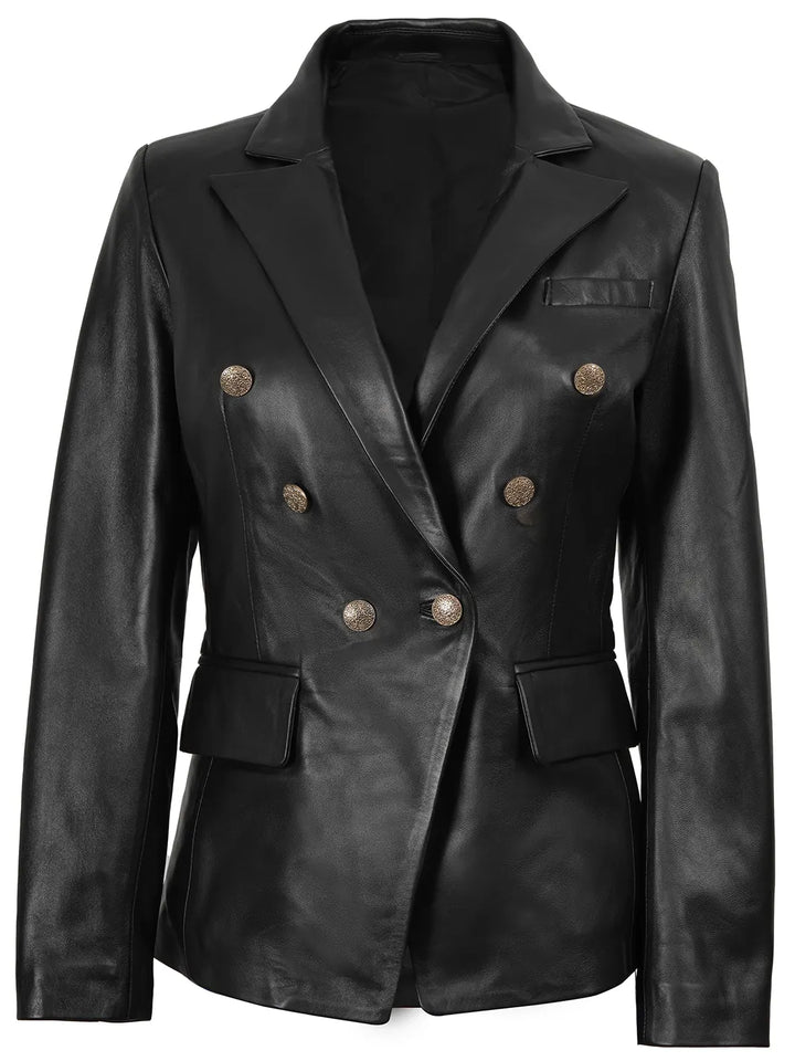 Kim Women's Black Double Breasted Leather Blazer