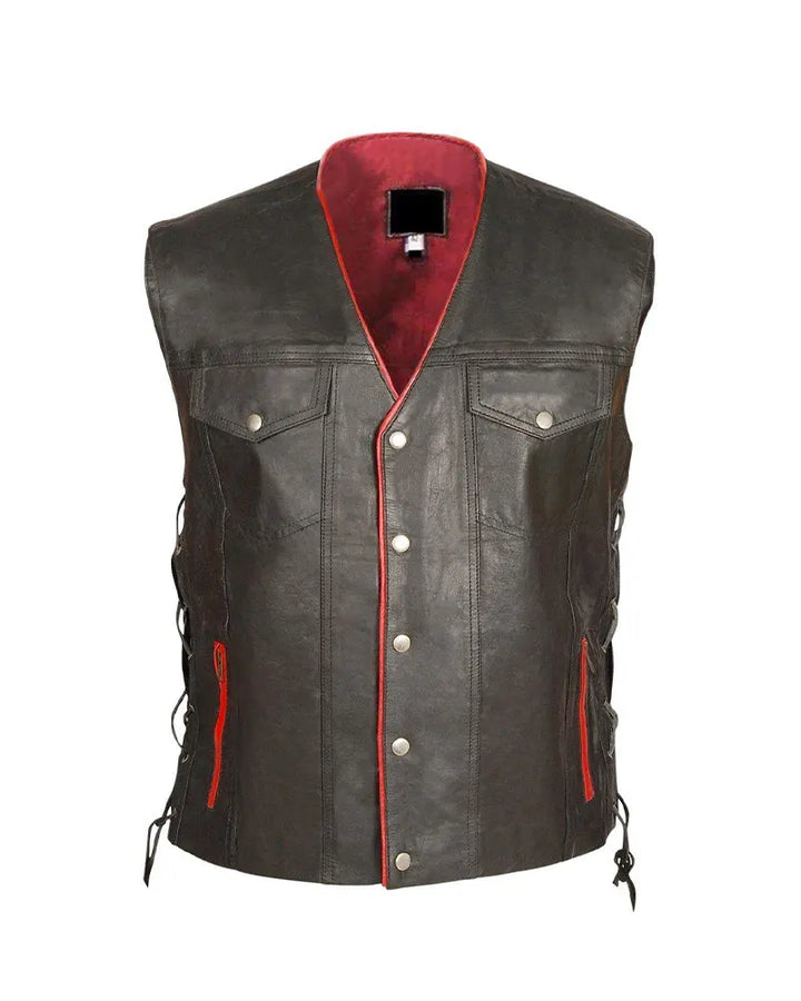Mens Black Genuine Leather Vest with Red Lining