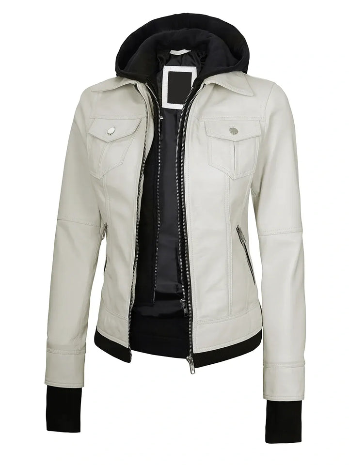 Womens Off White Biker Style Leather Jacket with Hood