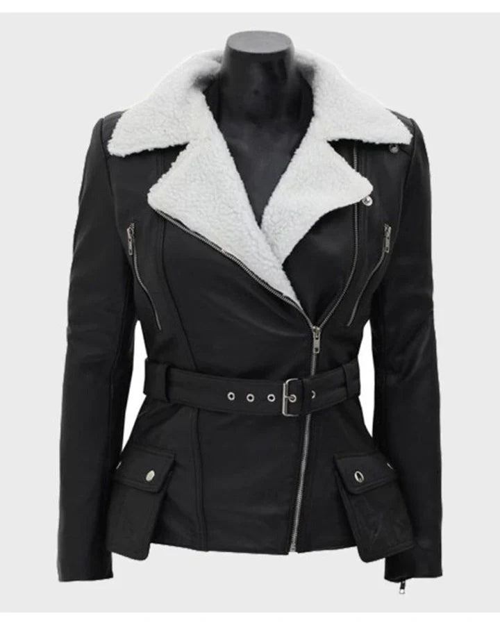Natalie Shearling Leather Black Belted Biker Jacket