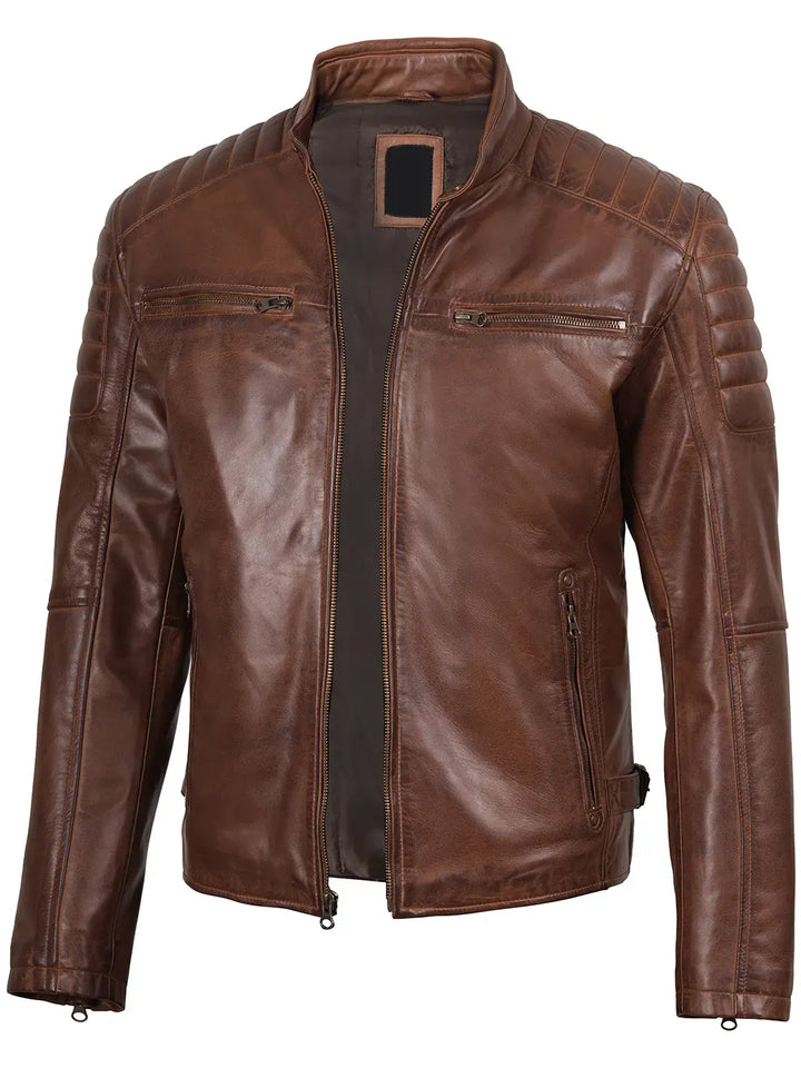 Mens Cognac Brown Cafe Racer Leather Jacket