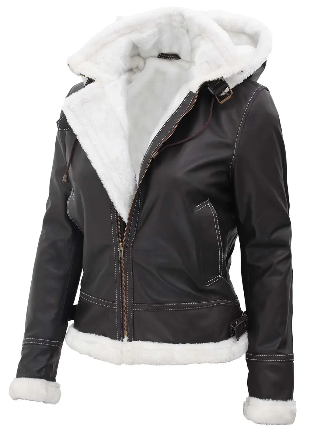 Womens Shearling Dark Brown Bomber Leather Jacket with Removable Hood