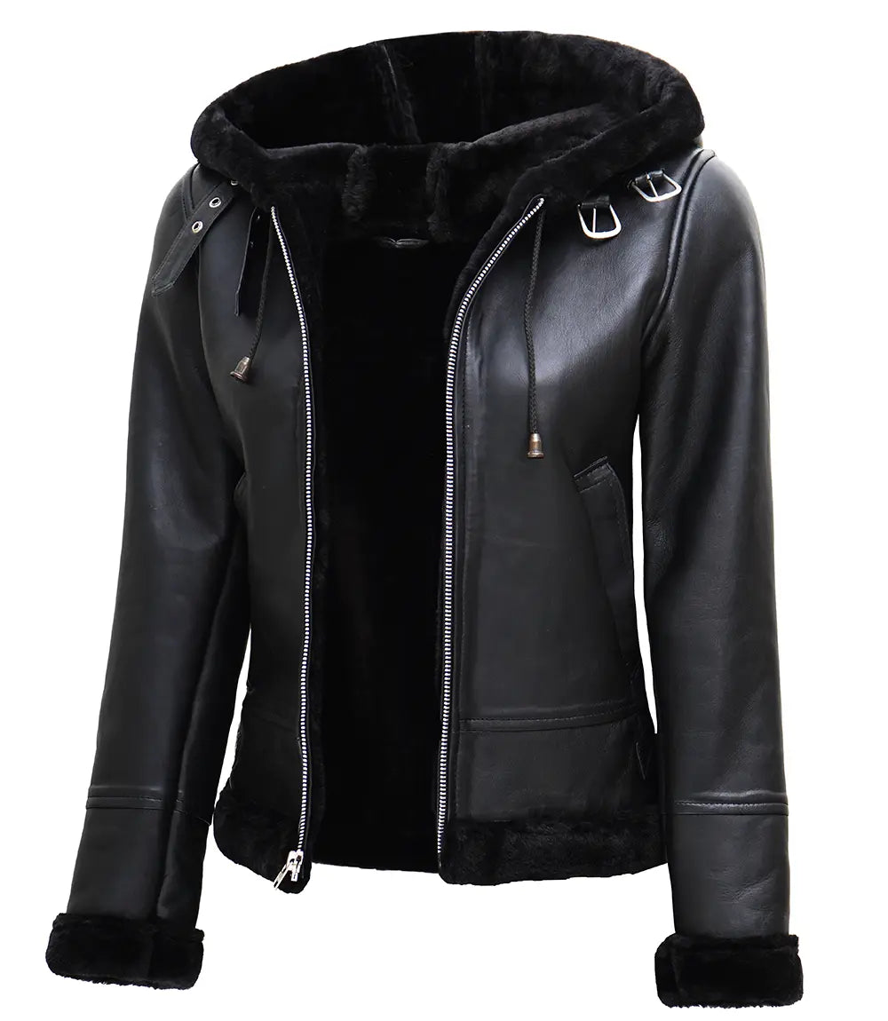 Womens Black Leather Hooded Shearling Jacket