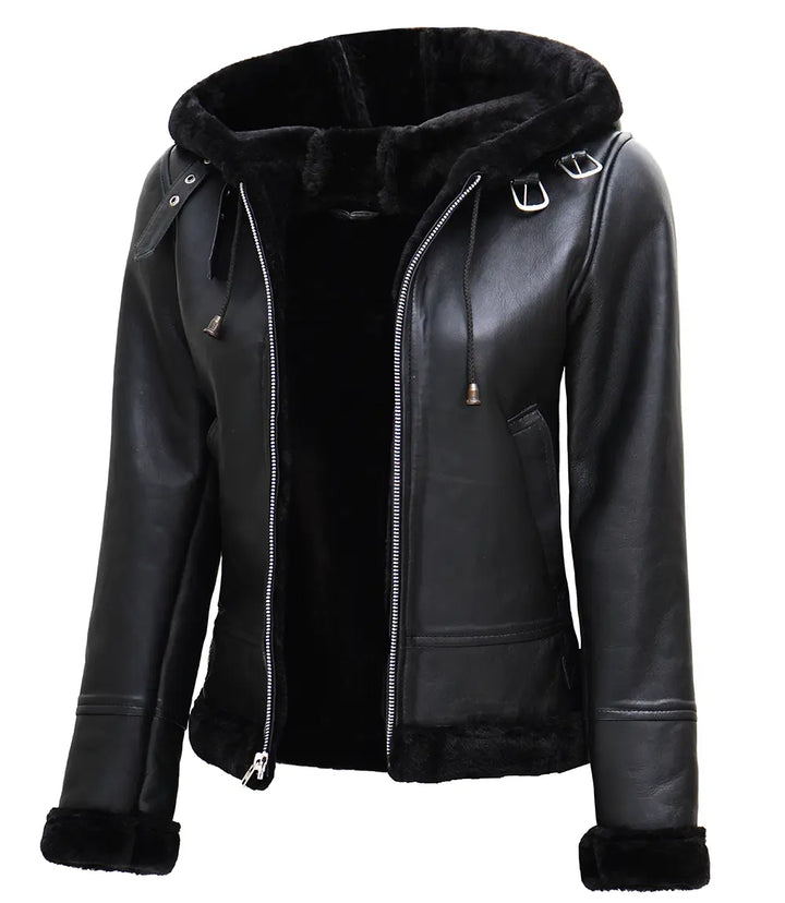 Womens Black Leather Hooded Shearling Jacket