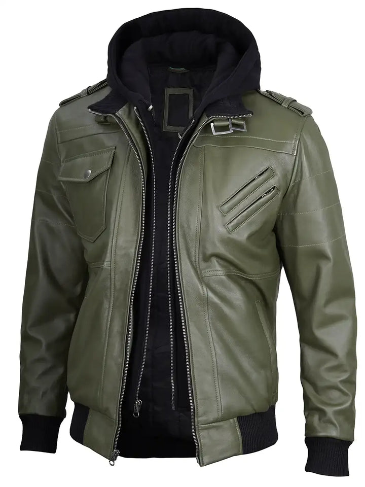 Men's Military Green Leather Jacket with Removable Hood