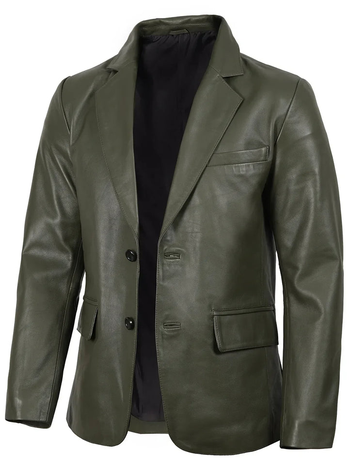 Men's Dark Green Real Leather Blazer