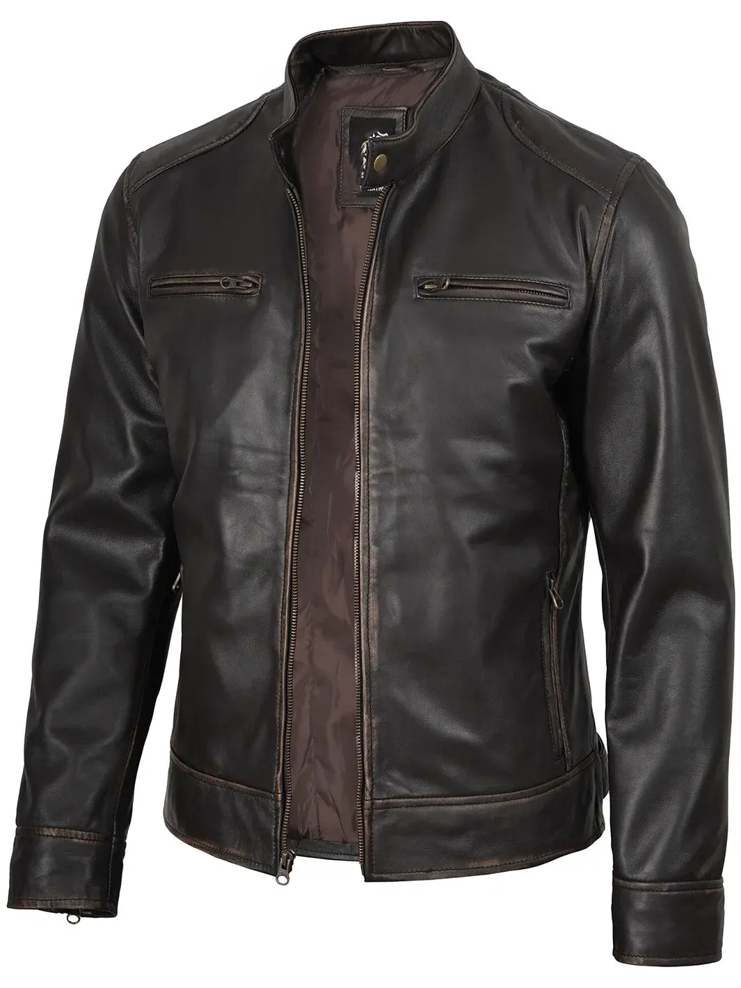 Dodge Men's Rub-Off Dark Brown Cafe Racer Leather Jacket