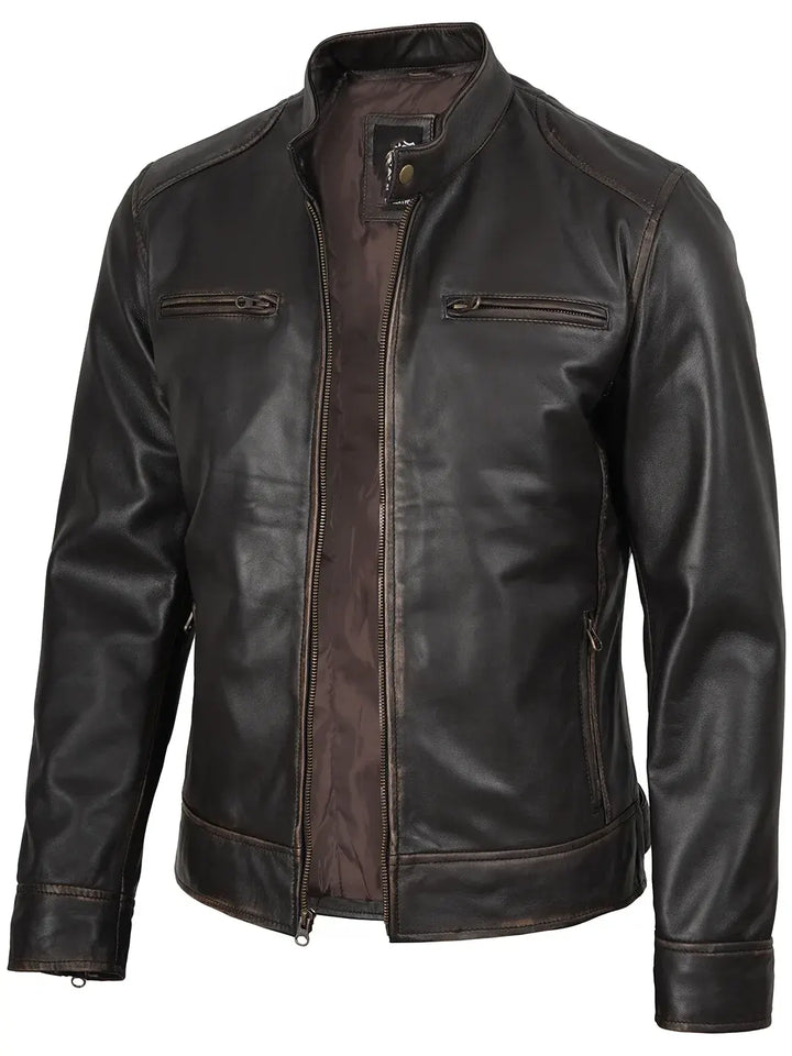 Dodge Men's Rub-Off Dark Brown Cafe Racer Leather Jacket