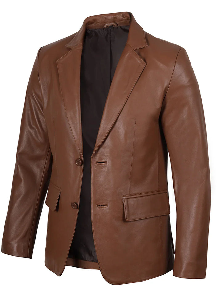 Men's Two Button Cognac Brown Leather Blazer