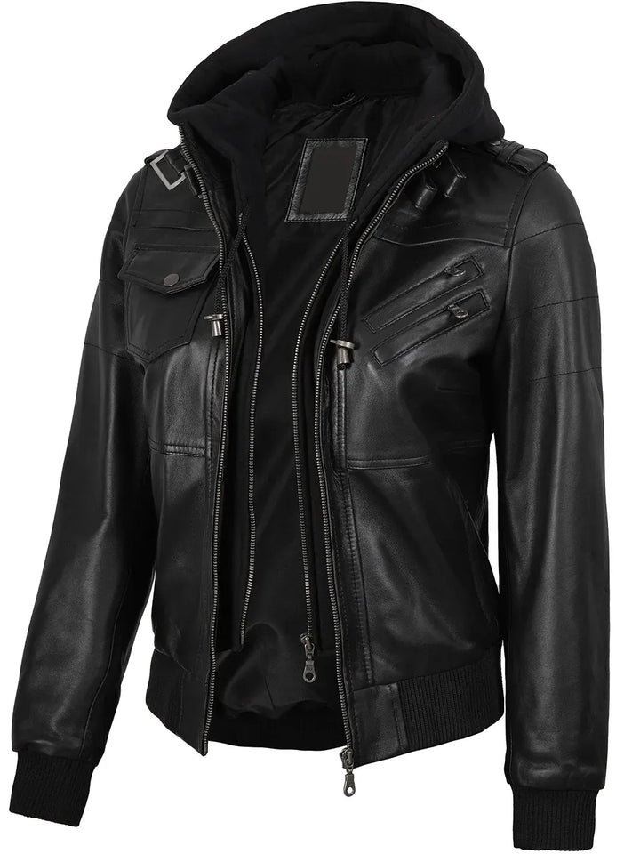 Edinburgh Women's Bomber Black Leather Jacket with Removable Hood