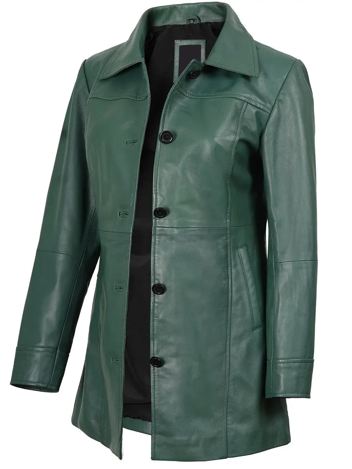 Kandis Women's Green Real Leather Car Coat