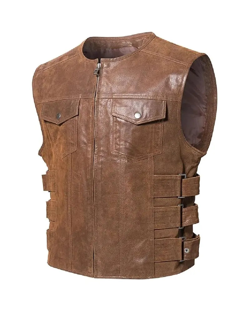 Unisex Brown Real Leather Motorcycle Vest