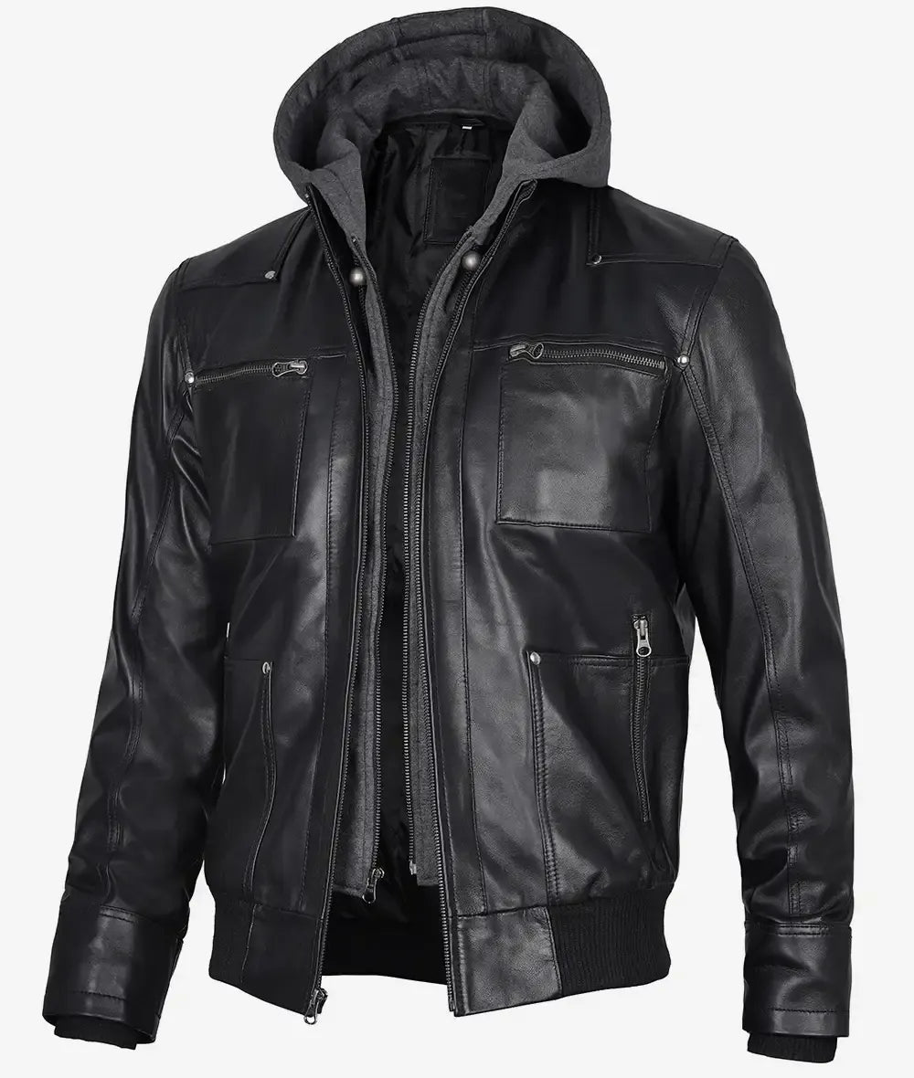 Mens Black Bomber Leather Jacket with Removable Hood