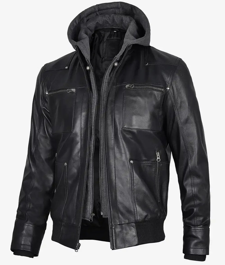 Mens Black Bomber Leather Jacket with Removable Hood
