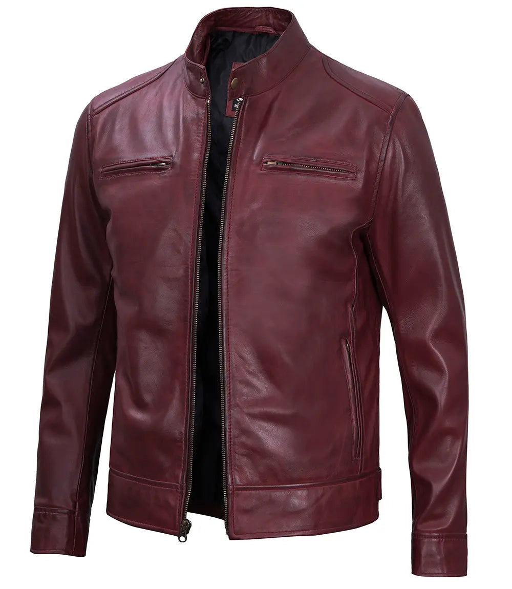 Dodge Men's Burgundy Cafe Racer Leather Jacket