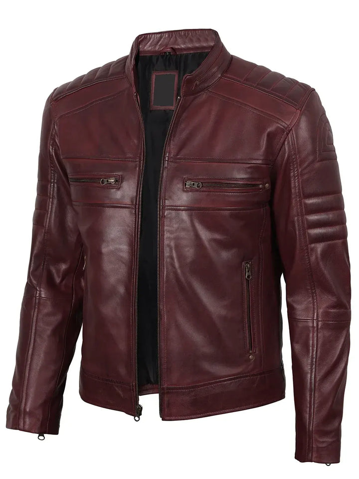 Mens Burgundy Cafe Racer Leather Jacket