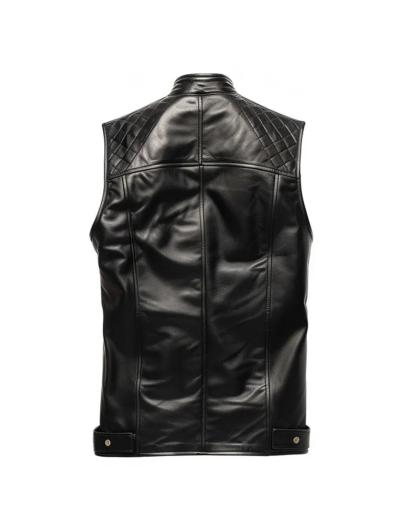 Men Black Quilted Style Leather Vest