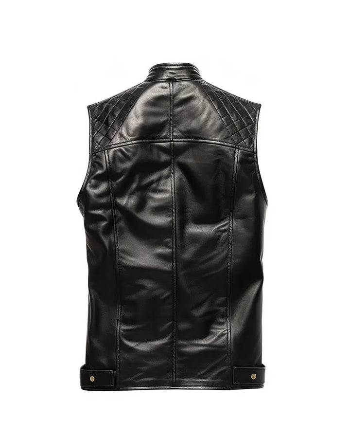 Men Black Quilted Style Leather Vest